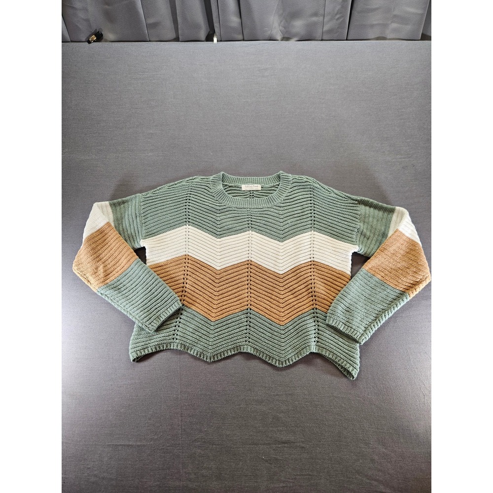 Full Circle Trends Womens Chevron Knit Sweater Green Tan Scalloped Hem Large